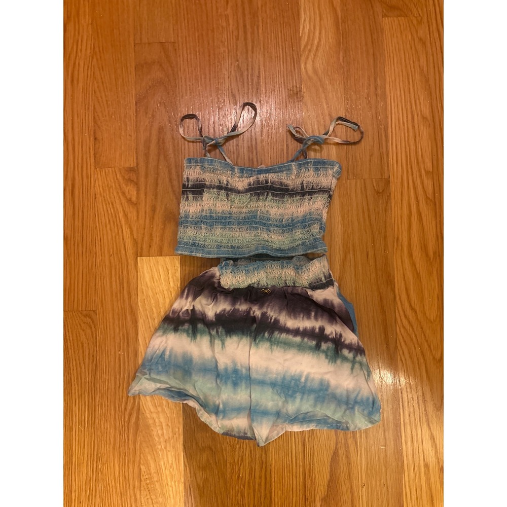 PQ Swim Kids Girls Blue Tie Dye Smocked Bandeau Top and Shorts Set Size XS